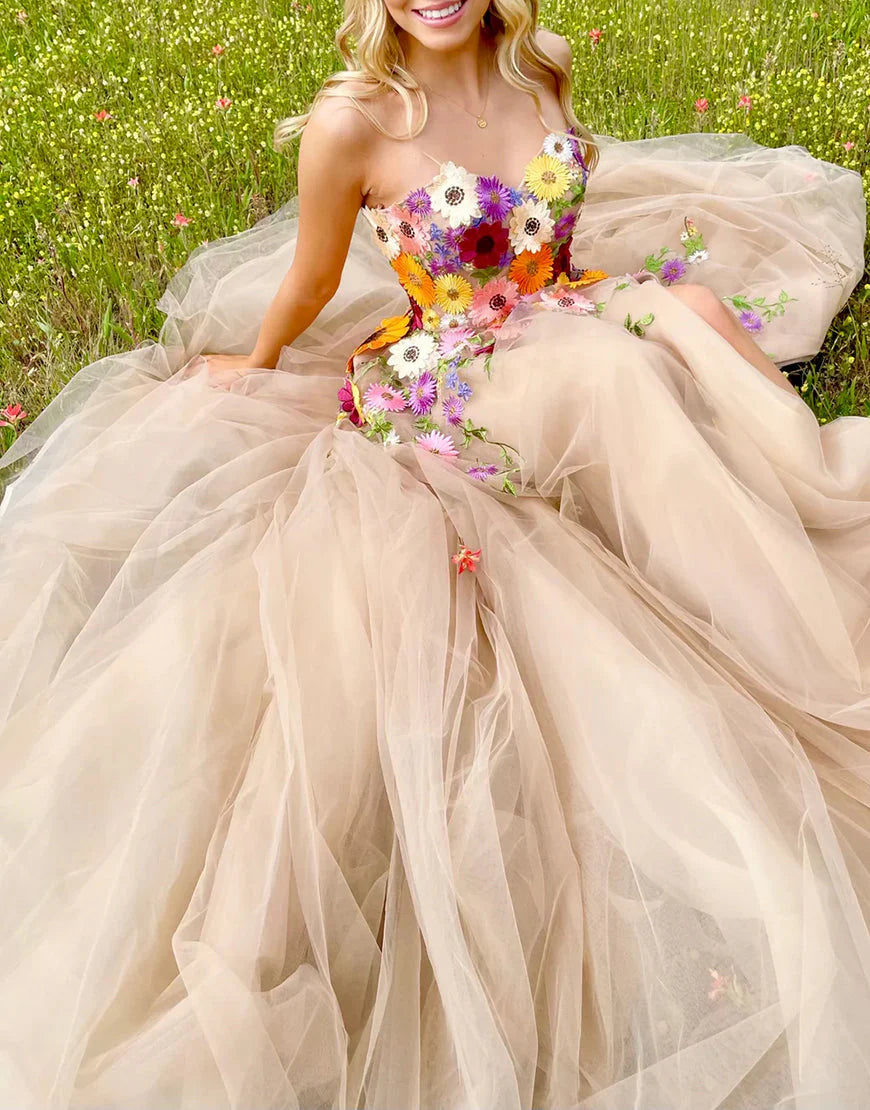 Weitese Dress Champagne A Line Sweetheart Flower Long Prom Dress With Appliques
